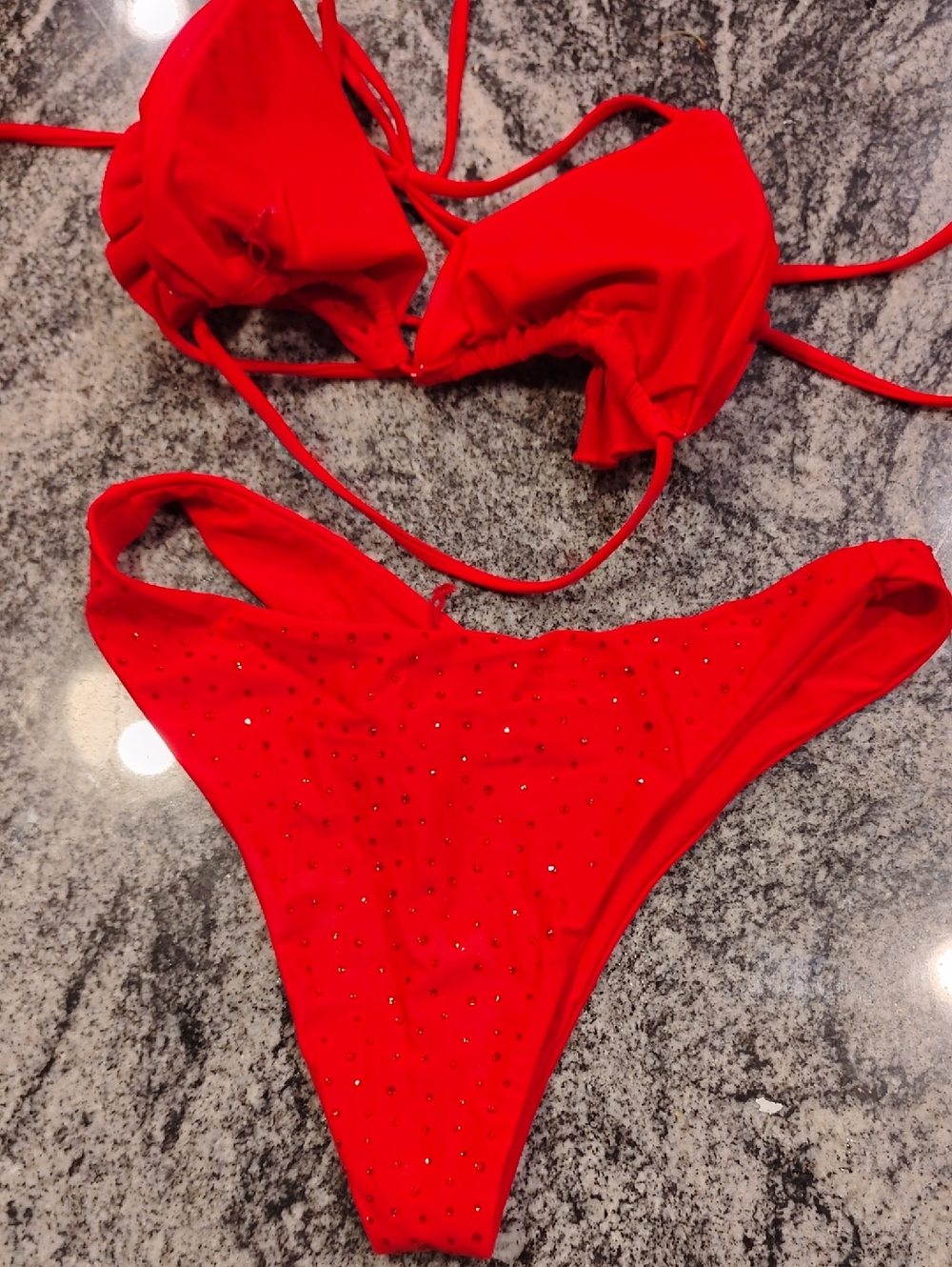 Women’s Red Ruffled Rhinestone Bikini Set - Picture 4 of 4